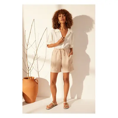 Trendyol Stone 100% Linen Pocket Detailed High Waist Shorts