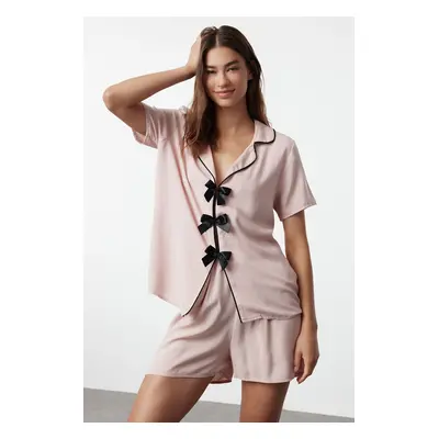 Trendyol Powder Ribbon/Bow and Piping Detailed Viscose Woven Pajama Set