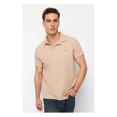 Trendyol Camel Regular Cut Embroidered Textured Polo Neck T-Shirt