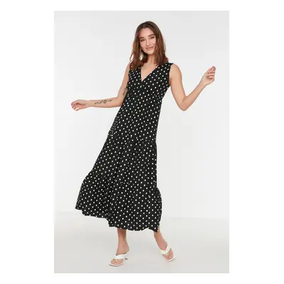 Trendyol Black Floral Patterned V-Neck Sleeveless A-Line Maxi Knitted Dress