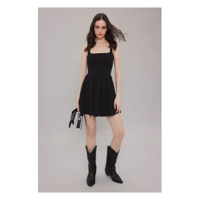 Trendyol Anthracite Square Neck Balloon Skater/Waist Open Balloon Skirt Mini Knit Dress