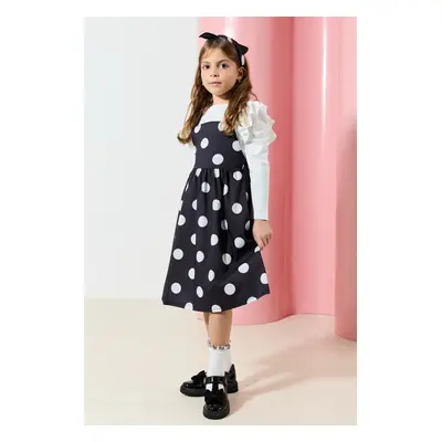 Trendyol Black 3-Piece Girl Polka Dot Patterned Bandana Knitted Dress