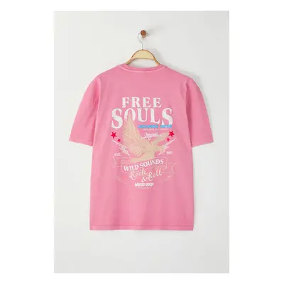 Trendyol Pink Oversize/Wide Cut Faded Effect Eagle Print 100% Cotton T-Shirt