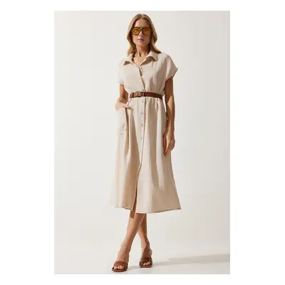 Happiness İstanbul Women's Cream Belted Woven Dress