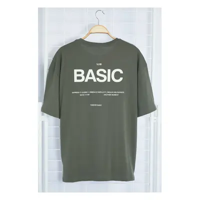 Trendyol Khaki Gray Oversize Crew Neck Slogan Knitted T-Shirt