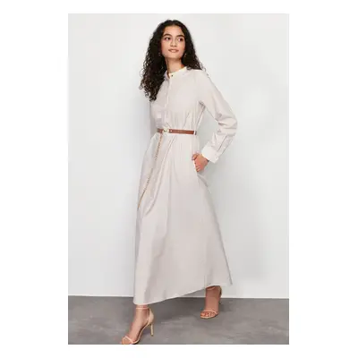 Trendyol Beige Striped Belt Detailed Woven Dress