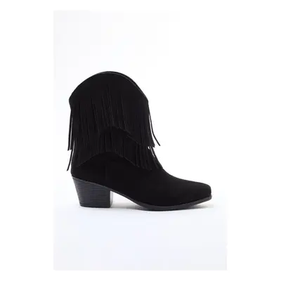 Trendyol Black Suede Tassel Cowboy Block Heel Women's Boots