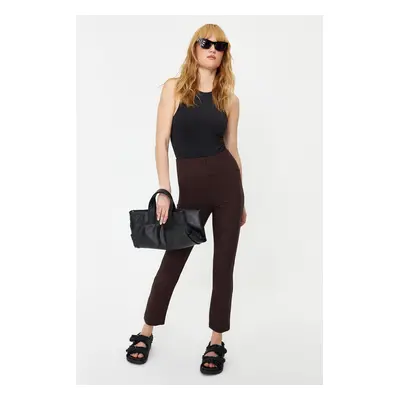 Trendyol Dark Brown Cigarette Skinny Leg Woven Trousers with Waist Stitching Detail