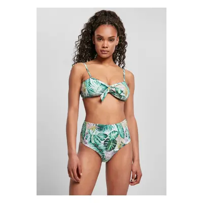 Women's high-waisted bikini with leaf white pattern