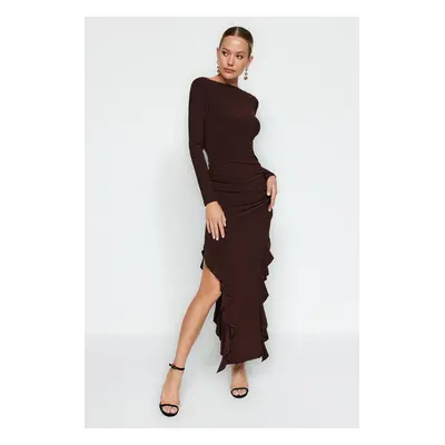 Trendyol Brown Skirt Flounced Boat Rock Maxi Stretchy Knitted Dress