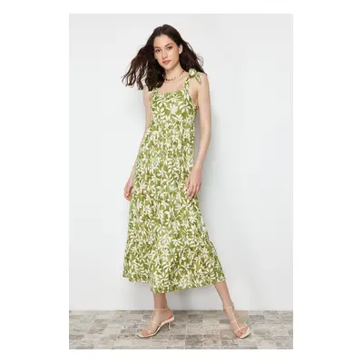 Trendyol Green Tie Strap Skirt Ruffled Corduroy Knitted Maxi Dress