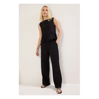 Trendyol Black Linen Look Crew Neck Blouse and Trousers Woven Bottom-Top Set