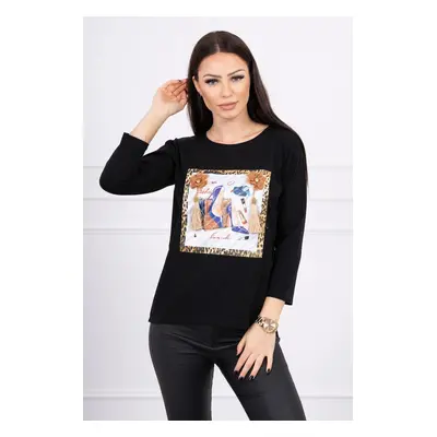 Blouse with 3D graphics and decorative pom pom black