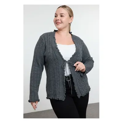 Trendyol Curve Anthracite Hair Knit Patterned Tied Knitwear Cardigan