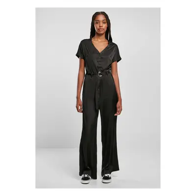 Women's satin jumpsuit with a wide belt in black