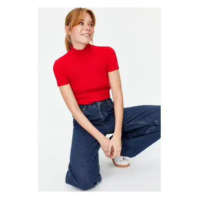 Trendyol Red Fitted High Collar Crop Ribbed Stretchy Knitted Blouse