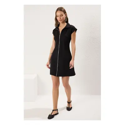 Trendyol Black Moon Sleeve Polo Collar Zippered Shift/Straight Cut Midi Knit Dress