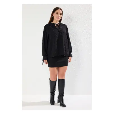 Trendyol Curve Black Balloon Sleeve Pompom Woven Plus Size Blouse