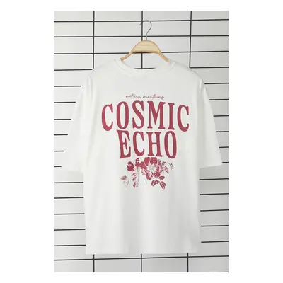 Trendyol Ecru Oversize/Wide Cut 100% Cotton Printed T-Shirt