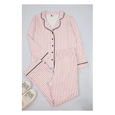 Trendyol Curve Pink Stripe Patterned Piped Fleece Lined Shirt-Pants Knitted Pajama Set