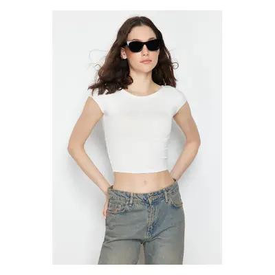 Trendyol White Crew Neck Moon Sleeve Crop Knitted Blouse