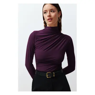 Trendyol Plum Gathered Square Neck Fitted Stretchy Knitted Blouse