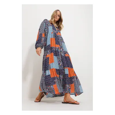 Trend Alaçatı Stili Women's Blue-Orange Grand Collar Shawl Patterned Maxi Length Dress