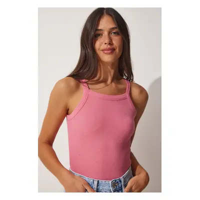 Happiness İstanbul Women's Pink Corduroy Crop Halterneck Knitted Singlets