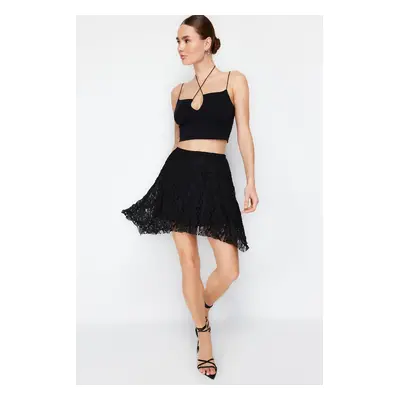 Trendyol Black Asymmetric High Waist Lace Mini Knitted Skirt