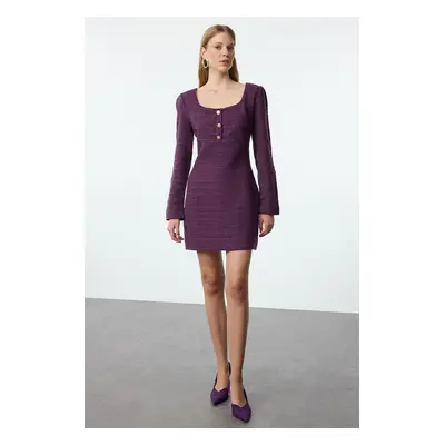 Trendyol Purple A-Line Square Neck Button Detailed Mini Tweed Woven Dress