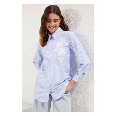 Trendyol Blue Striped Embroidery Detail Woven Shirt