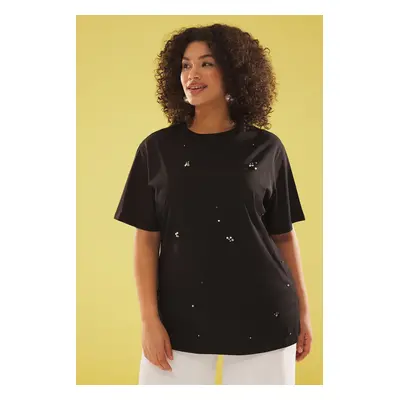 Trendyol Curve Black Crew Neck with Stones 100% Cotton Knitted Plus Size T-shirt