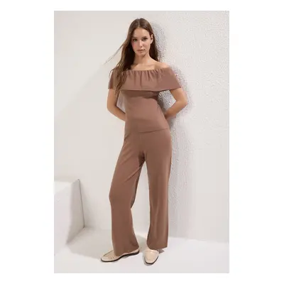 Trendyol Brown Carmen Collar Blouse-Pants Knitwear Bottom-Top Set