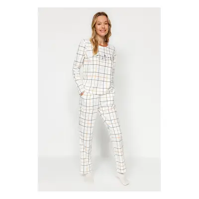 Trendyol White 100% Cotton Plaid T-shirt-Pants Knitted Pajama Set