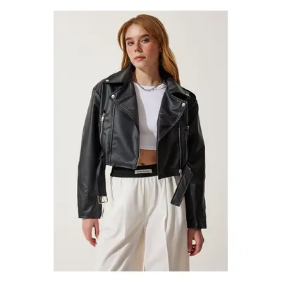 Happiness İstanbul Women's Black Belted Short Faux Leather Jacket