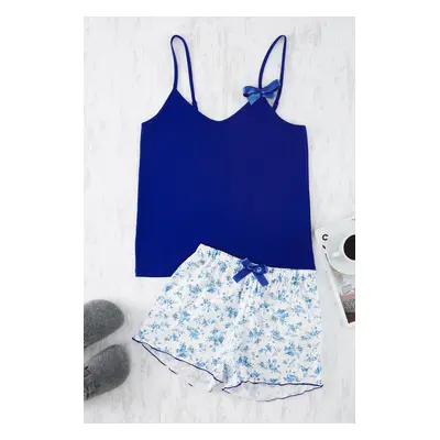 Trendyol Blue Floral Ribbon/Bow Knitted Pajama Set with Rope Suspender Shorts