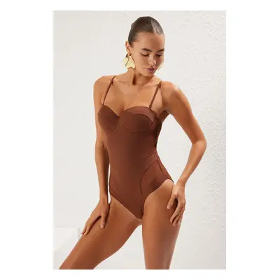 Trendyol Brown*002 Plain Balconette Lace Detail Diver/Scuba Strappy Swimsuit