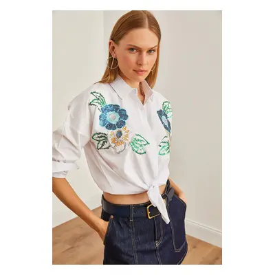 Olalook Women's Floral White Palm Sequin Detailed Woven Shirt