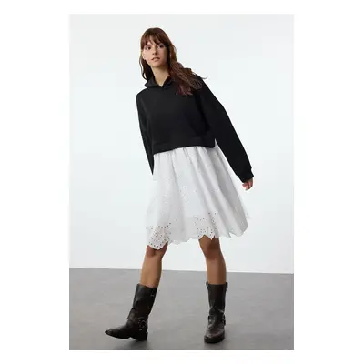 Trendyol Black Hooded Zippered Color Block Embroidered Detailed Mini Knit Dress