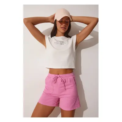 Happiness İstanbul Women's Pink Pocket Linen Gabardine Shorts