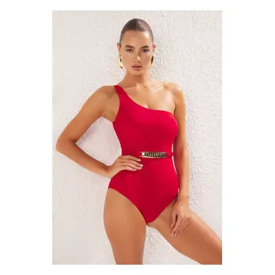 Trendyol Red One Shoulder Accessorized Regular Swimsuit