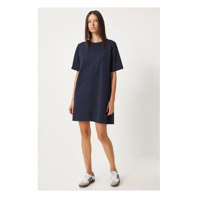 Happiness İstanbul Women's Navy Blue Crew Neck Casual Combed Cotton Dress