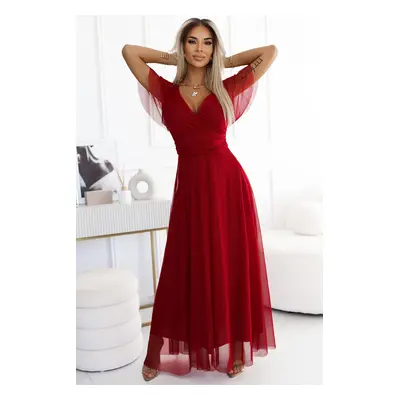 562-2 NASTIA Long dress with neckline and short sleeves - BORDO