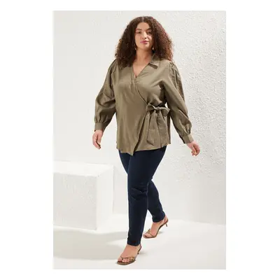 Trendyol Curve Khaki Double Breasted Long Sleeve Thin Modal Woven Plus Size Blouse