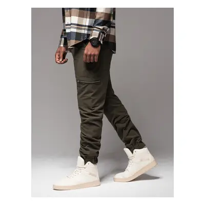 Ombre Men's jogger pants with cargo pockets and print - dark olive green