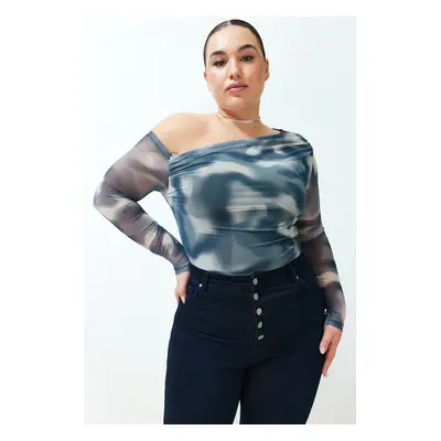 Trendyol Curve Indigo Tulle Lined Abstract Patterned Asymmetric Collar Knitted Plus Size Blouse