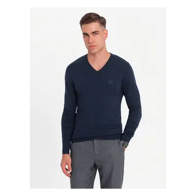 Ombre Men's elegant BASIC V-neck sweater with viscose - navy blue