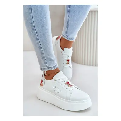 Women's Leather Platform Sneakers With Brooch And Decorative Flower White