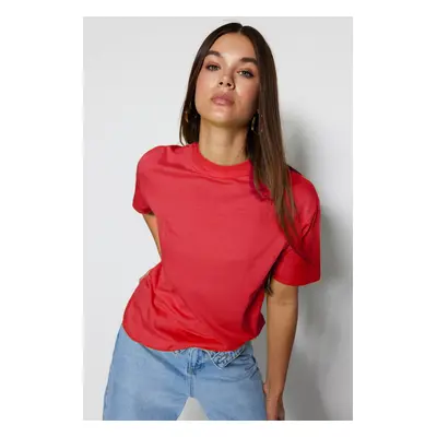 Trendyol Red 100% Cotton Basic Stand-Up Collar Knitted T-Shirt