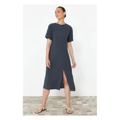 Trendyol Anthracite Straight Cut Slit Detailed Midi Woven Dress